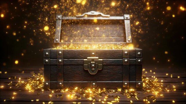 黄金の宝箱から光の粒子があふれる幻想的な財宝