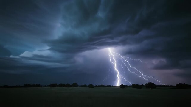 夜空を切り裂く稲妻と激しく轟く雷雲のアニメーション