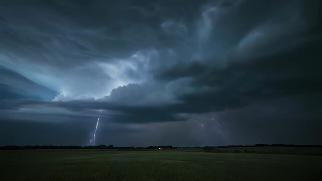 夜空を切り裂く稲妻と激しく轟く雷雲のアニメーション
