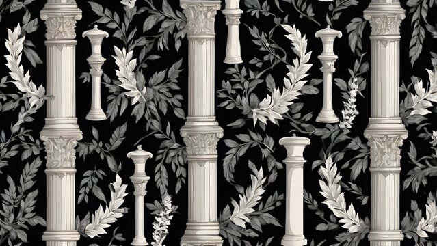 Black and white seamless pattern featuring classical architectural columns, pilasters, and ornate foliage. Elegant vintage luxury design.