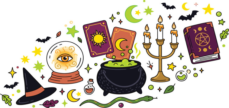 Witchcraft magic elements set with crystal ball tarot cards potion cauldron spell book candelabra witch hat and snake vector doodle illustrations