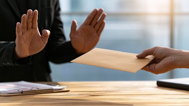 Person in suit refuses envelope, signaling integrity over illicit gain