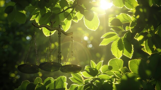 Golden scales of justice hanging from a tree branch with sunlight shining through green leaves.
