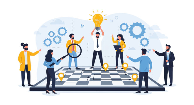 Business people strategizing on a chessboard with a bright idea lightbulb.