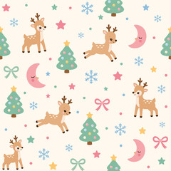 Obraz premium Cute reindeer christmas pattern holiday background winter seamless texture cartoon deer christmas tree snowflake wrapping paper repeating design