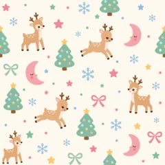 Cute reindeer christmas pattern holiday background winter seamless texture cartoon deer christmas tree snowflake wrapping paper repeating design © ZENTHRA