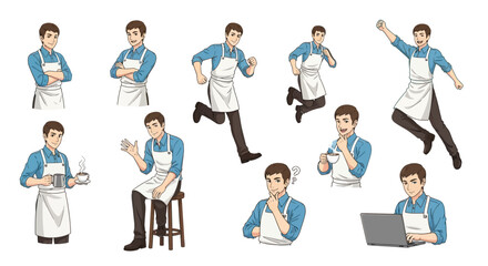 Fototapeta premium Collection of a Man in an Apron in Various Poses.