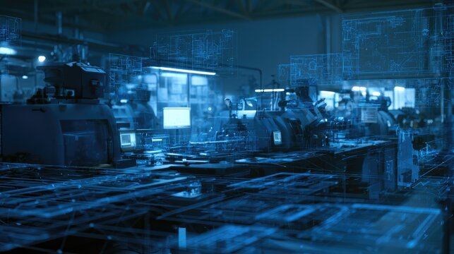 Futuristic factory floor with holographic schematics overlaying machinery
