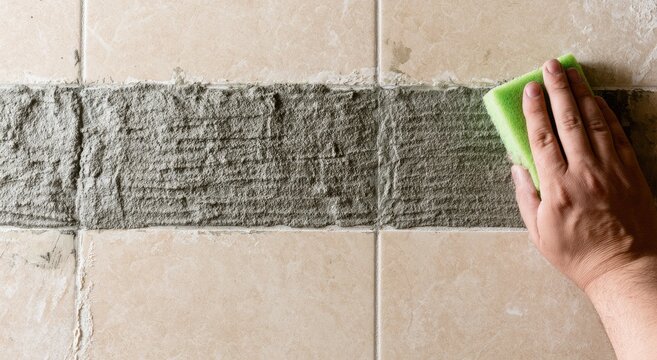 Hand applying grout to tile with a sponge, showing repair work