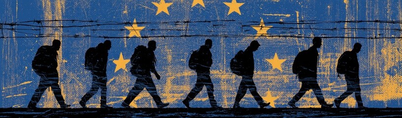 Fototapeta premium Silhouetted travelers with backpacks march across a distressed European flag