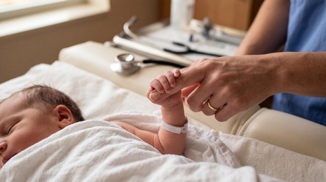 Newborn baby grasping pediatrician's finger during neonatal reflex exam.