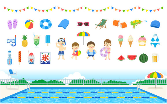 プール・夏休み・水遊びのイラスト素材セット｜子ども・浮き輪・アイス・水着・夏アイコン