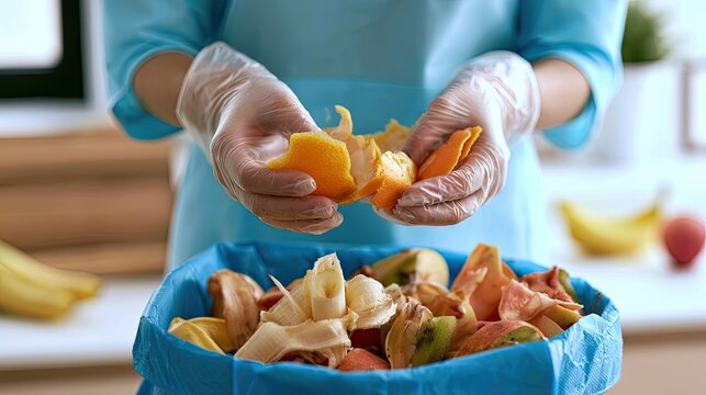 Hands in gloves discard citrus peels into a blue bin of fruit waste