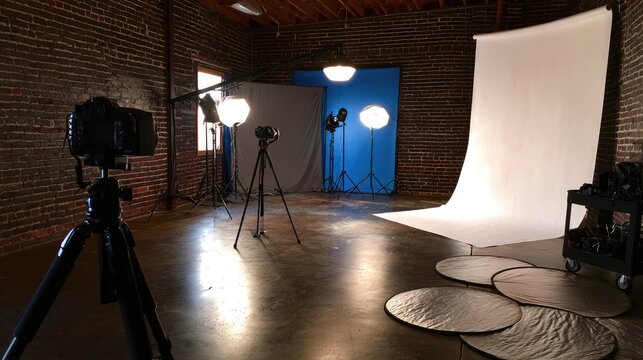 A professional studio set with camera, lights, and backdrops ready for a shoot