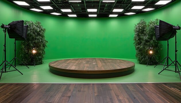Empty studio with a wooden platform, green screen, plants, and lights