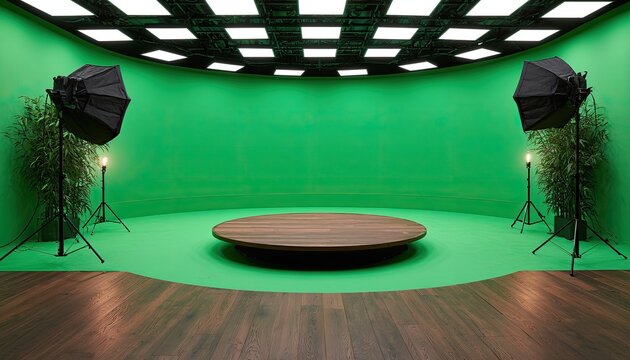 Empty circular stage on a green screen set with studio lights and plants