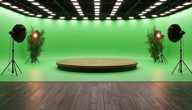 Empty stage on wooden floor with green backdrop, studio lights