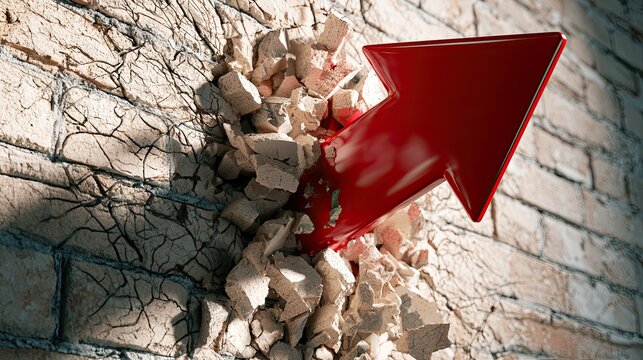 Red arrow violently breaks through a crumbling brick wall