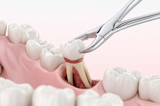 Dental extraction of a molar using forceps, showing roots and bone