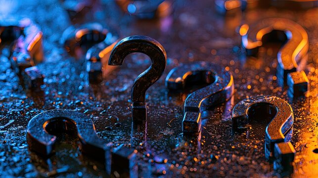 Cluster of metallic question marks on a textured, wet surface, lit with blue and orange light