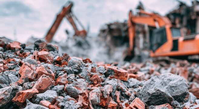 Demolition machines clear rubble and debris from a construction site