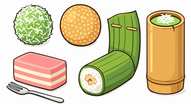 Indonesian Traditional Street Snacks Jajanan Pasar Flat Design Icon Set featuring five iconic treats: klepon green pandan rice ball rolled in shredded coconut, onde-onde golden sesame ball, getuk