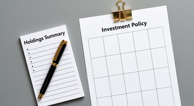 Documents on a table a list d 'Holdings Summary' and a blank grid d 'Investment Policy'