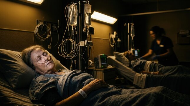 Hospitalized Elder Patient Resting Neath Medical Equipment In Dim Lighting