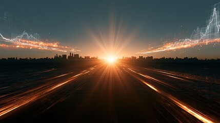 Obraz premium Radiant sunrise over futuristic city, streaks of light on highway