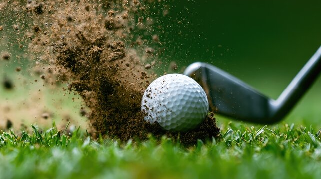 Golf ball struck, sending dirt and grass flying upward