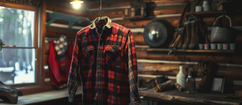 Red and black flannel shirt hanging in a rustic cabin interior.