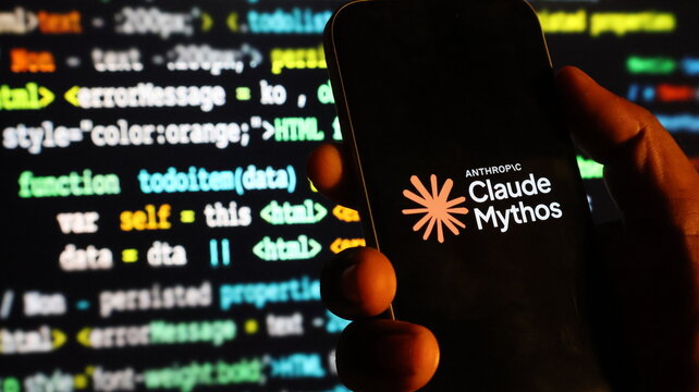 Person holding smartphone displaying anthropic claude mythos logo with code on computer screen.