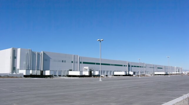 Expansive modern warehouse complex with multiple loading docks under a clear blue sky