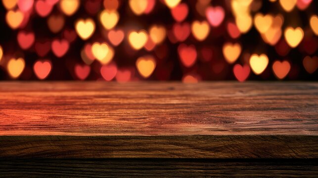 Empty wooden surface in front of a soft, blurred background of glowing heart-shaped lights