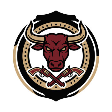 Angry bull head with crossed revolvers mascot.