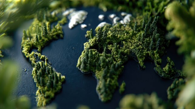 Miniature earth model covered in lush green moss and tiny trees