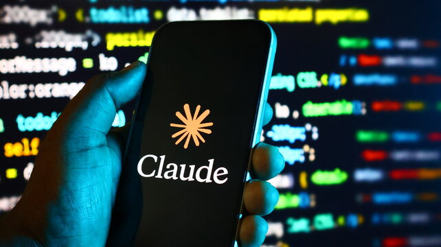 Person holding smartphone displaying claude ai logo with colorful code on computer screen in background.