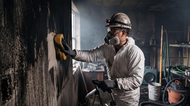 Professional Fire Damage Restoration Technician Cleaning Soot Off Wall