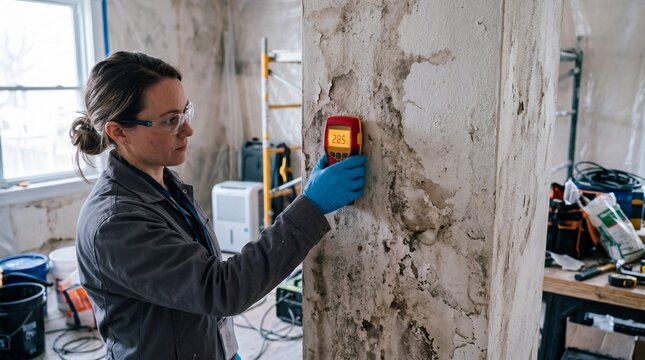 Female technician using a moisture meter to inspect water damage on a wall