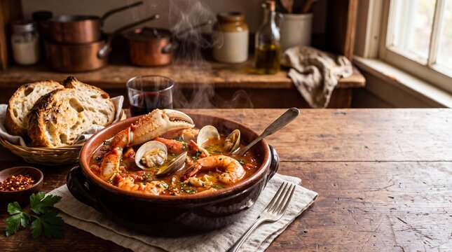 Steaming bowl of rustic cioppino seafood stew with crab, clams, and shrimp