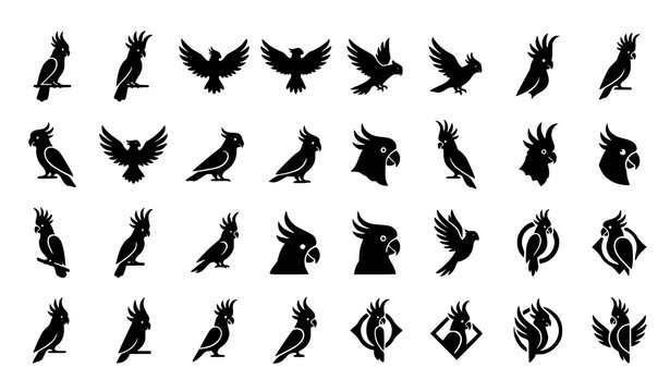 Minimal cockatoo silhouette collection with tropical parrot logo and vector icon set