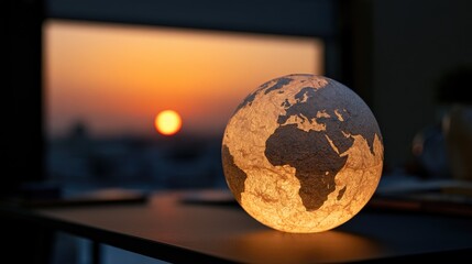 Glowing planet Earth sits on desk against sunset backdrop