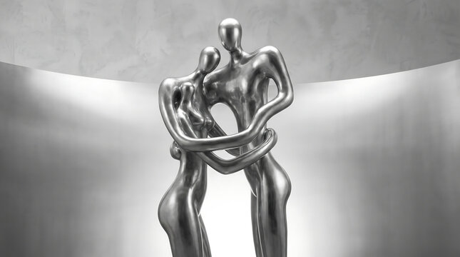 Intertwined human figures sculpture in metallic silver Generative AI