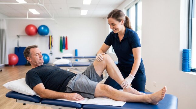Female physiotherapist treating a mature man's knee in a modern rehab clinic.