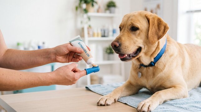 Close-up of a person putting toothpaste on a finger brush for a golden retriever