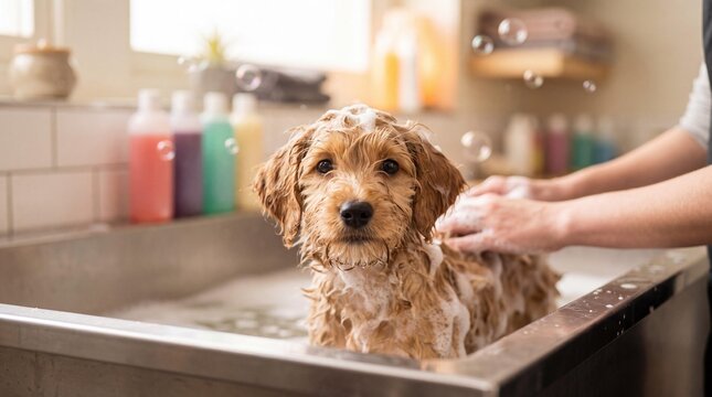 Adorable golden puppy getting a soapy bath in a professional grooming sink