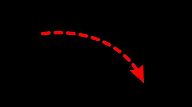 Red, dashed, curved, arrow, pointing, down, animation, black, background, directional, indicator, motion, graphic, financial, decrease, negative, trend, symbol, isolated, 4k.
