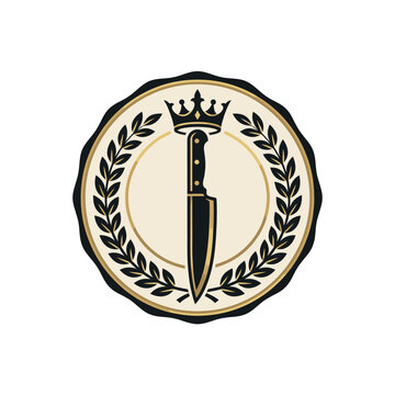 Knife icon with crown and laurel wreath circular seal.