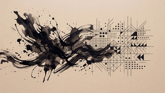 Abstract art piece featuring black paint splatters and geometric patterns on beige background with dynamic fluid movements and shapes