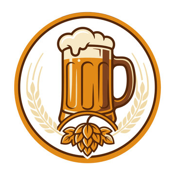 Beer mug logo with hops and wheat circle design.